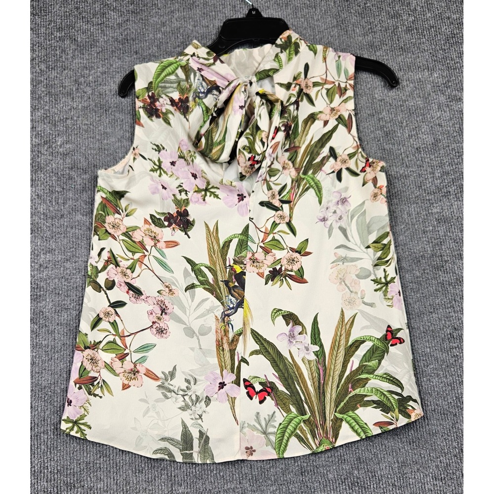 H&M Women Tropical Bird Floral Bow Tie Back Sleeveless Blouse Cream Sm Coquette